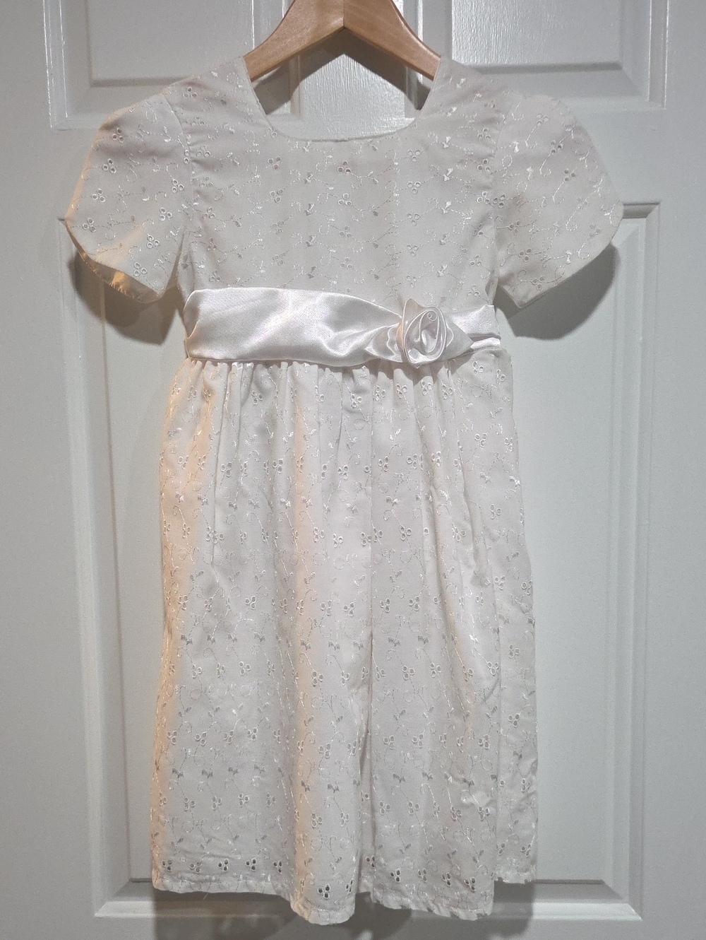 Girls White Eyelet Dress with Satin Waistband